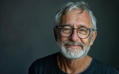 Wall Mural - A happy mature man wearing glasses smiles at the camera. He has gray hair and a white beard. He is wearing a black t-shirt