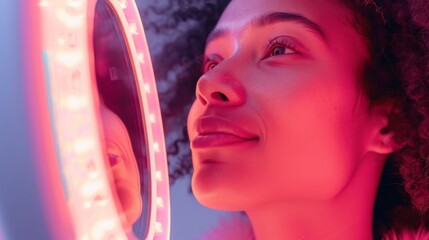 Aufkleber - A woman looks into a circular mirror with a pink light surrounding it.