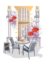 Wall Mural - Series of backgrounds decorated with flowers, old town views and street cafes. Cafe window.   Hand drawn vector architectural background with historic buildings. 