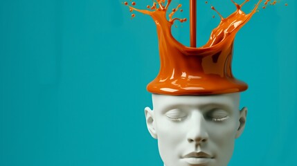 A man's head is covered in orange paint, creating a splash effect. Concept of creativity and artistic expression, as the man's head is transformed into a canvas for the paint