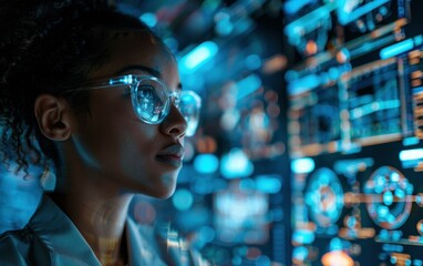 A young African American woman wearing glasses looks intently at a screen filled with data, likely analyzing cybersecurity information