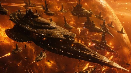 Wall Mural - A fleet of alien ships engaging a human armada in a fierce space battle.