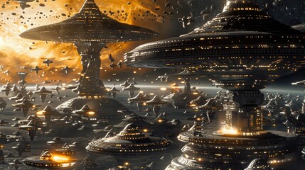 Wall Mural - A fleet of alien ships launching a coordinated attack on a human space station.