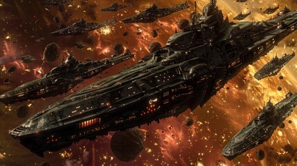 Wall Mural - A fleet of ancient alien warships emerging from a temporal rift to challenge modern space-faring civilizations.