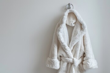 A close-up of a fluffy, white spa robe hanging on a polished chrome hook against a clean, white wall. 