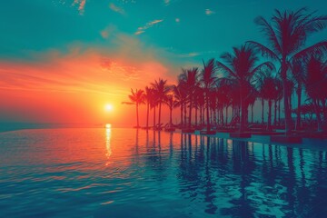 Sticker - Vibrant tropical sunset with palm trees reflecting in the calm ocean water