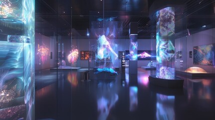 Wall Mural - a futuristic art gallery with holographic installations and interactive exhibits.