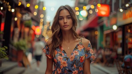 Wall Mural - Elegant Woman in Floral Dress Strolling through Vibrant City Street at Dusk