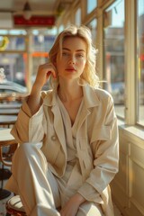 Wall Mural - Elegant Woman Sitting by Window in Sunlit Cafe