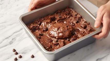 A baker's hands folding chocolate chips into brownie batter, with a baking pan ready for the oven, high-resolution photo, realistic photo, cinematography, hyper realistic