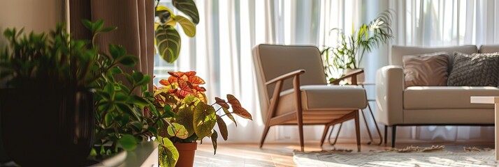 Wall Mural -  living room with potted rex begonia plants,