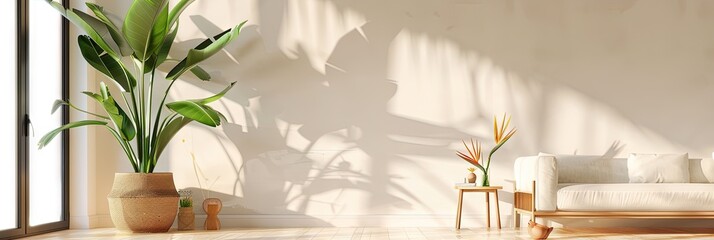 Wall Mural - minimalist living room with potted bird of paradise plants