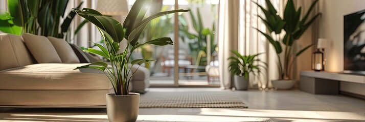 Wall Mural - minimalist living room with potted calathea plants,