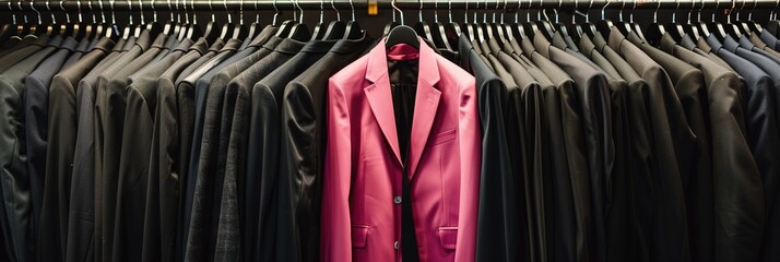 many black business suits hanging on clothing rack, one pink suit