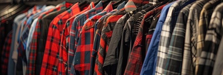 Wall Mural - flannel shirts hanging on clothing rack in modern clothing store