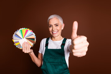 Sticker - Photo of charming lovely senior woman decorator wear green uniform thumb up isolated on brown color background