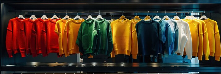 Wall Mural - colorful fall sweaters hanging on clothing rack in modern clothing store, 