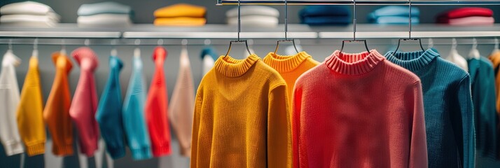 Wall Mural - colorful fall sweaters hanging on clothing rack in modern clothing store, 