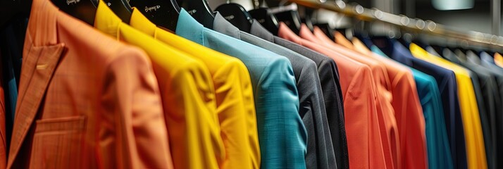 Wall Mural - colorful suits hanging on clothing rack in modern clothing store,