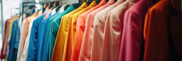 Wall Mural - colorful suits hanging on clothing rack in modern clothing store,