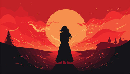 Wall Mural - Silhouette of a girl in a long dress on a background of the rising sun