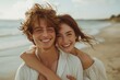 © ArtCraft - Smiling couple enjoying beach day. Ideal for illustrating romance, happiness, and relaxation in travel and lifestyle content. Suitable for marketing, editorial, and social media use.