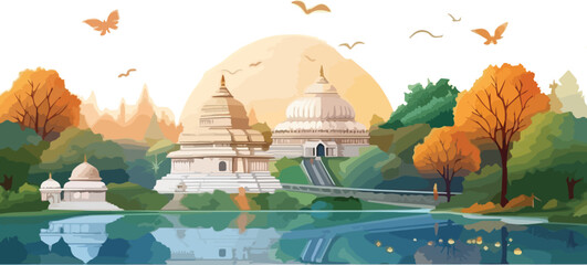 Illustration of the Temple of the Sacred Tooth Relic in the background.