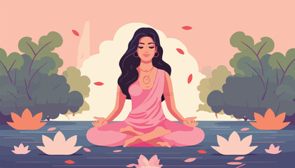 Beautiful girl sitting in lotus position in the park. Vector illustration