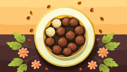 Illustration of a bowl of chocolate truffles on a brown background