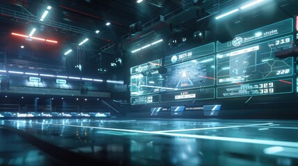 Wall Mural - A futuristic sports arena with advanced holographic displays and floating scoreboards.