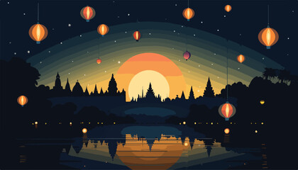 Hanging lanterns in the night sky. Vector Illustration.