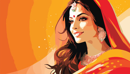 Beautiful indian woman in red saree. Vector illustration.