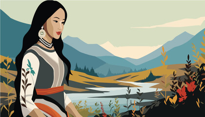 Beautiful indian woman on the background of mountains. Vector illustration