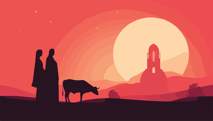 Nativity scene with jesus and baby Jesus at sunset vector illustration