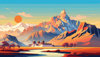 Landscape of the Himalaya mountains. Vector illustration in flat style