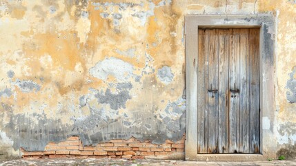 Wall Mural - Aged wooden door and weathered wall with space for text