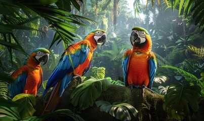 Wall Mural - Macaw parrots in a tropical rainforest, colorful feathers and lush foliage, wild animals in their natural habitat