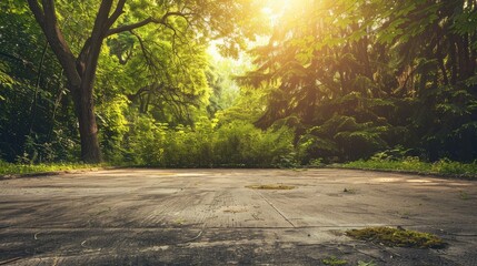 Sticker - Old fashioned picture of vacant cement ground with green woods and sunlight in backdrop