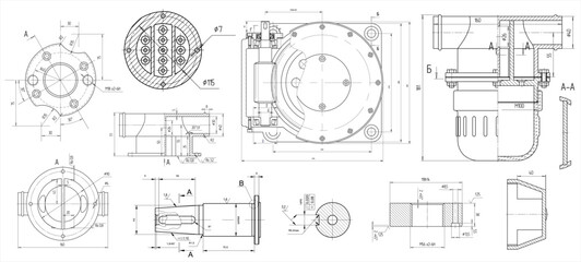 Wall Mural - vector set of steel mechanical devices with shaft, gear, electric engine, bolted connection and dime