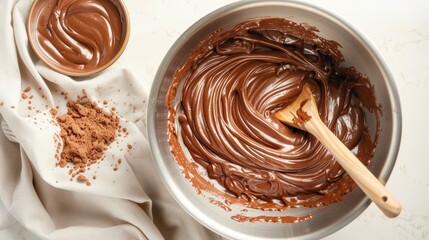 A mixing bowl filled with rich, creamy chocolate batter, with a wooden spoon resting on the side, in a warm kitchen environment