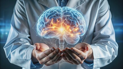 Holograma cerebral en medicina.Manos de un médico sosteniendo una pantalla digital con la proyección de un holograma del cerebro humano. Tecnología orientada al futuro.Generada por ia