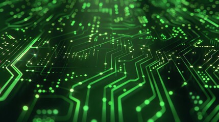 Fototapete - A close-up shot of a circuit board with glowing green lines and dots, creating a futuristic and technological aesthetic.