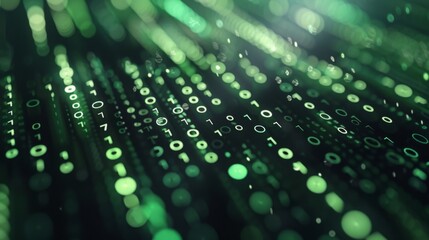 Poster - A digital stream of binary code flows downward, represented by green circles with white digits. The code appears to be moving rapidly, suggesting a dynamic and active data flow.