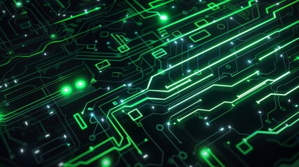 Leinwandbilder - A close-up of a digital circuit board with glowing green lines and white dots on a black background.
