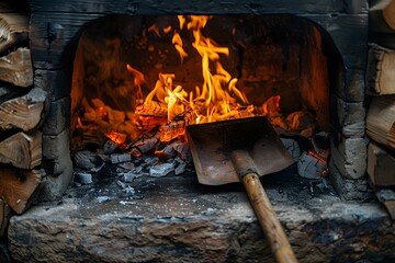 Wall Mural - Cozy Fireplace with Burning Logs and a Shovel