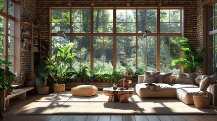 Sticker -  A living room teeming with numerous plants, a grand window bathed in ample sunlight