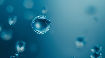 Wall Mural -  Close-up of a drop of water against a blue backdrop, featuring foreground bubbles and a blurred background behind the water droplet