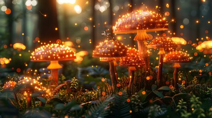 Sticker -  A group of mushrooms atop a lush, green forest floor, bathed in numerous bright yellow lights and speckled with sparks