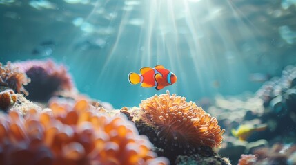 Wall Mural -  A clownfish swims above a coral reef, anemones with distinct anemones in the foreground