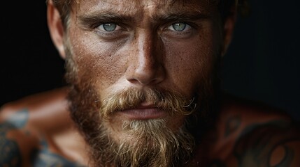 Canvas Print -  A man with a goatee and beard, tattoos adorning arms and chest, gazes seriously into the camera